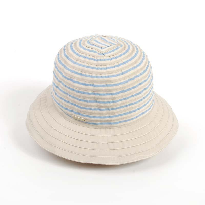Sombrero de Playa Ajustable para Mujer - Azul Claro y Beige en Fibra Vegetal y Poliéster